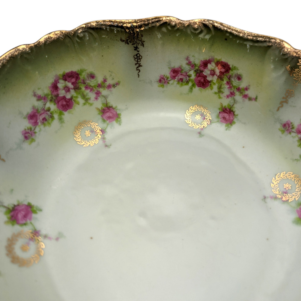 Vintage Serving Bowl Made In Germany Green Hand Painted Pink Roses Gold Gilded - Picture 8 of 12